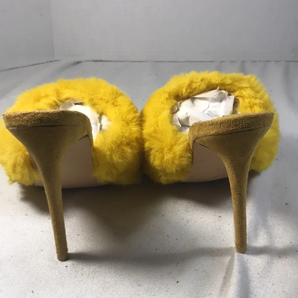Cape Robbin Women’s Sexy Yellow Faux Fur and Suede 4 1/2 Inch Slip On Stilettos